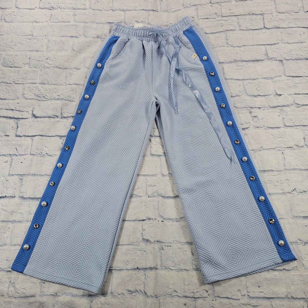Simply Southern Wide Leg Pants WOMEN S Blue Quilted Pearl Rhinestone Textured